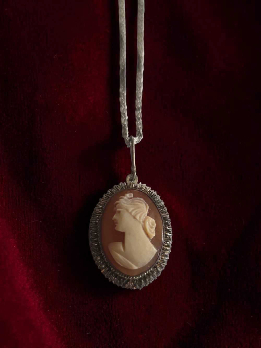 Vintage 800 Silver Carved Shell Cameo Pendant Necklace 22” (11"drop)